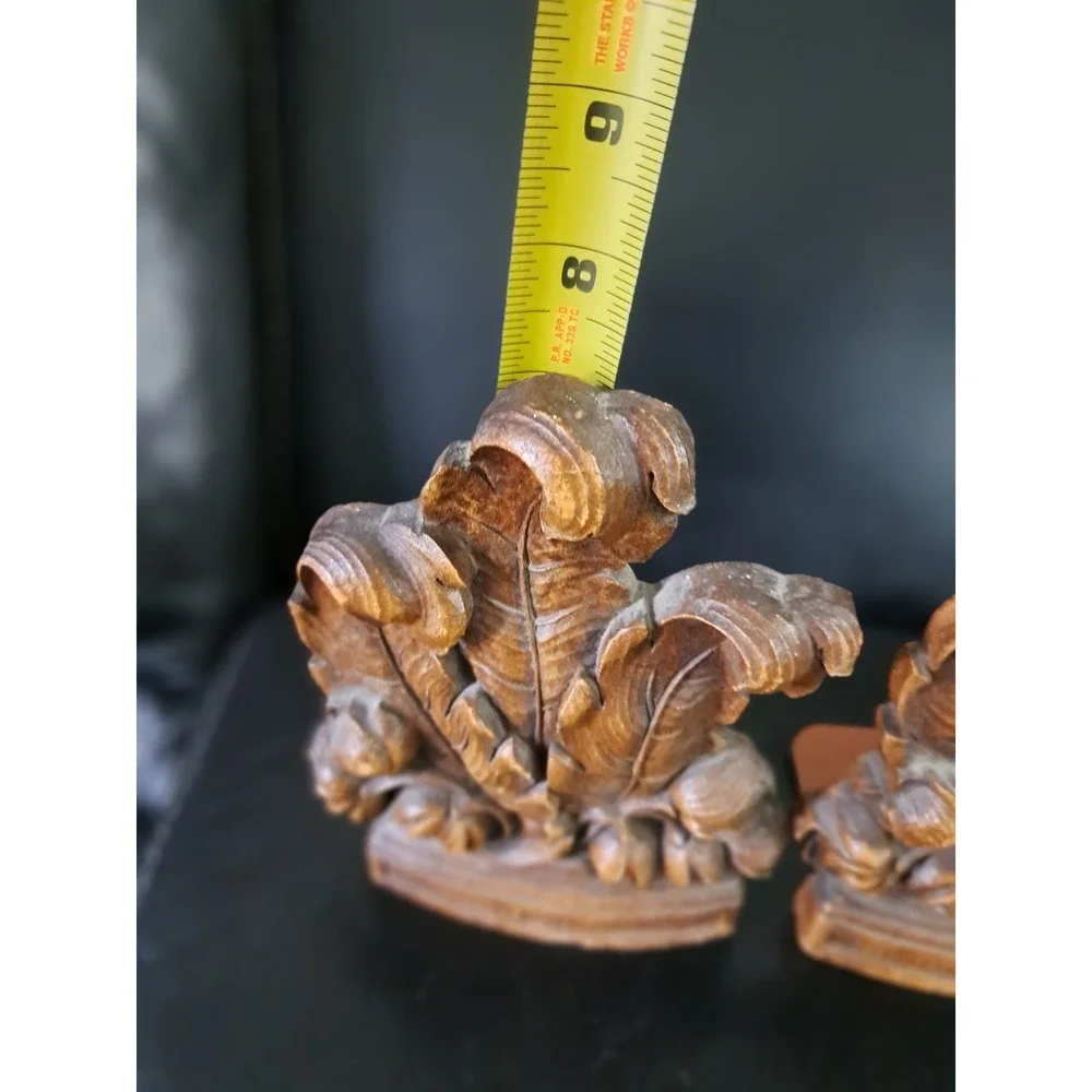 2 Vtg 1940s Syroco Faux Wood Bookends Feathers Leafy Leaves Floral EUC Book Ends